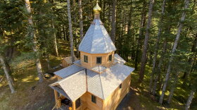 An aerial view of the new chapel on Spruce Island.