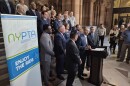 Miguel Velázquez, the president of the New York Public Transit Association, speaks at the State Capitol on Wednesday, March 25, 2026.
