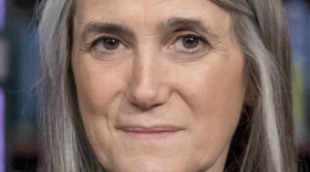 A headshot of a woman with shoulder-length grey hair.