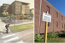 a collage showing concept art for a Titan Plaza housing development on the left. On the right, a rundown brick building 
