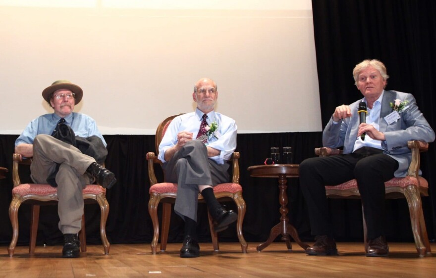 In this Sept. 24, 2013 photo provided by The Chinese University of Hong Kong, Michael W. Young, right, speaks during a lecture at Shaw College of The Chinese University of Hong Kong in Hong Kong with  Jeffrey C. Hall, left, and Michael Rosbash. The three Americans won the Nobel Prize in Physiology or Medicine on Monday, Oct. 2, 2017, for their discoveries about the body's daily rhythms, opening up whole new fields of research and raising awareness about the importance of getting proper sleep. (The Chinese University of Hong Kong via AP)