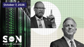 Photo illustration featuring image of Nevada Attorney General Aaron Ford, Governor Joe Lombardo, and data center computers