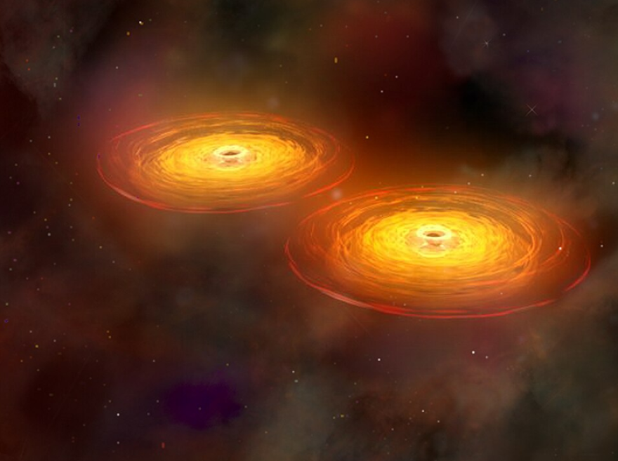 This illustration shows a stage in the merger of two galaxies that forms a single galaxy with two centrally located supermassive black holes surrounded by disks of hot gas. The black holes orbit each other for hundreds of millions of years before they merge to form a single supermassive black hole that sends out intense gravitational waves.