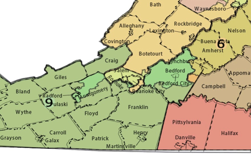 This illustration shows the greater Roanoke area with both the current congressional districts and new proposed districts