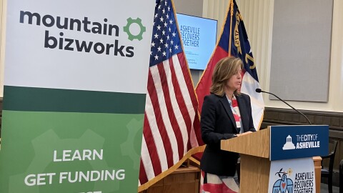 Asheville Mayor Esther Manheimer speaks at an event on small business grants Friday, May 29, 2026.