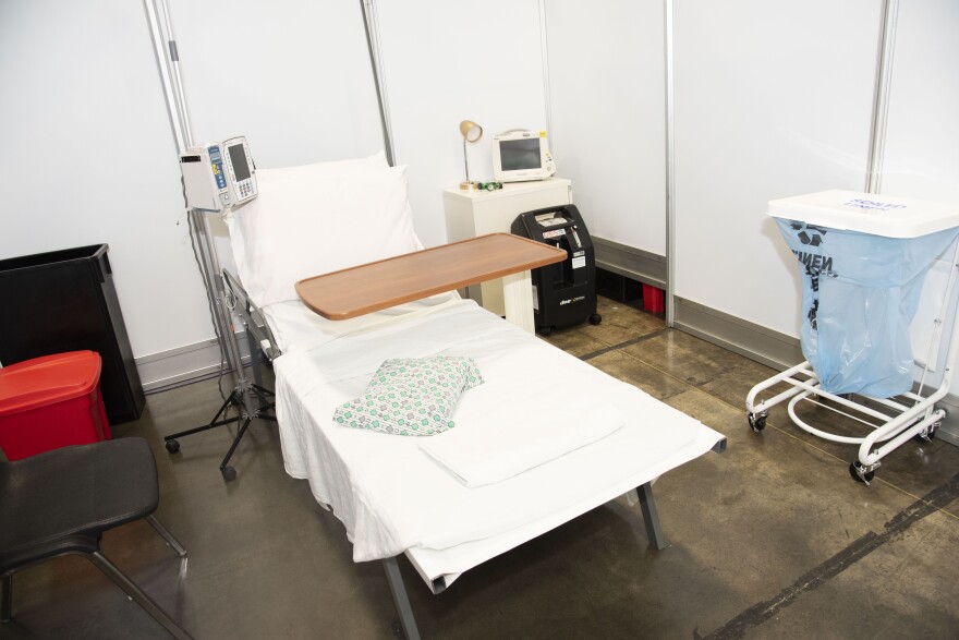 Inside a hospital "room" for coronavirus patients at the Greater Columbus Convention Center.