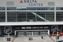 Signs celebrating the awarding of a new NHL team to Utah aere shown at the Delta Center, April 19, 2024, in Salt Lake City. The NHL team moving from Arizona to Salt Lake City will be known as Utah at least initially. New owner Ryan Smith says the name will begin with Utah and he does not want to rush the process of rebranding the franchise upon relocation.