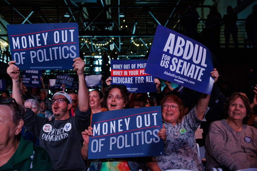 Supporters of Democratic nominee for U.S. Senate Abdul El-Sayed cheer at the end of a town hall in Lansing, Mich., on Oct. 9, 2026.