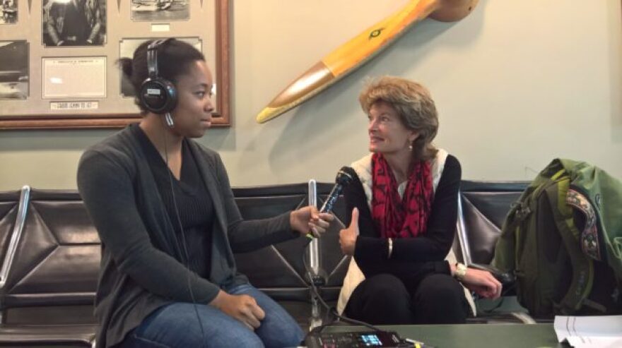 KTOO reporter Lakeidra Chavis interviews U.S. Sen. Lisa Murkowski at Juneau International Airport on Thursday. (Photo by Jeremy Hsieh, KTOO - Juneau)