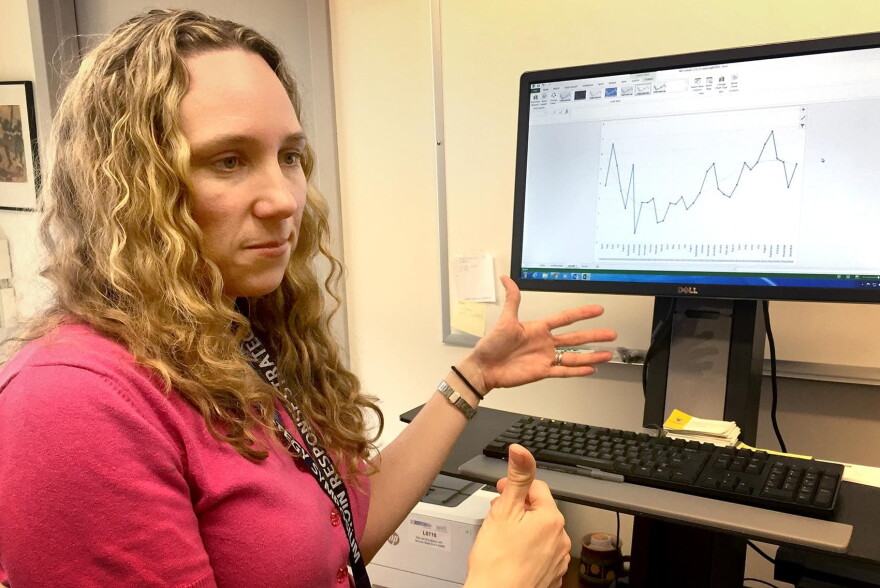 Boston Medical Center epidemiologist Traci Green reviews data that tracks fentanyl-laced cocaine overdose deaths in Rhode Island. (Martha Bebinger/WBUR)