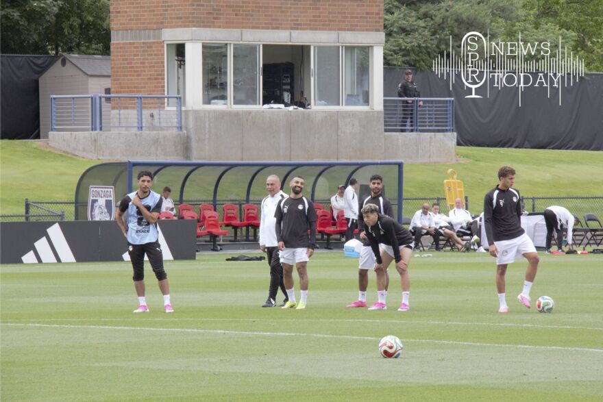 Egypt's national soccer team practices at Gonzaga's Luger Field. Omar Marmoush, left, and Mohamed Salah, center, are the team's most internationally recognizable players.