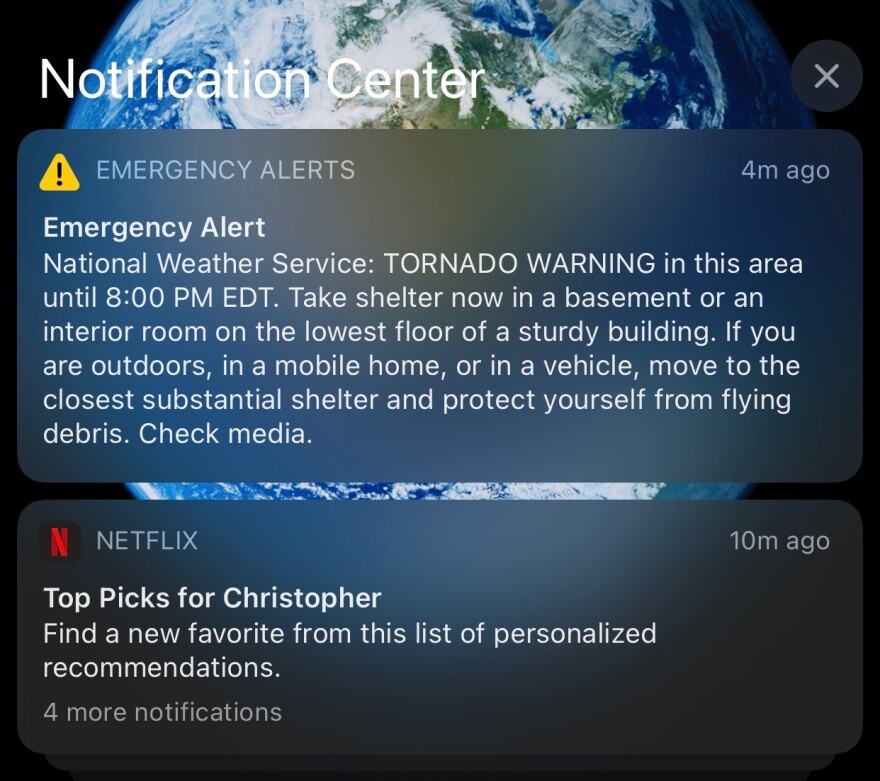 A screenshot of an emergency alert sent for parts of Allegheny County