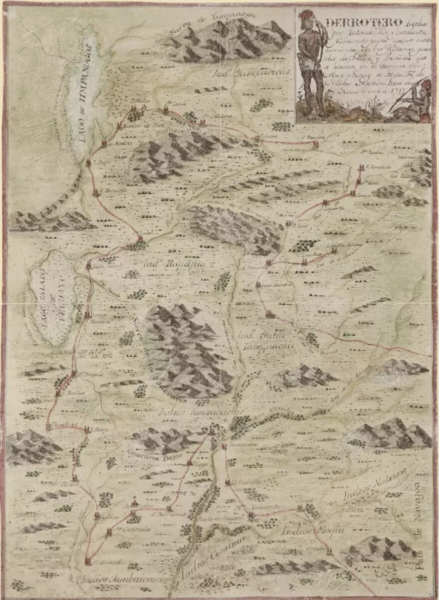 This map was made by the expedition's cartographer Don Bernardo Miera y Pacheco in 1777. It is one of the first known maps of this section of the Southwest.