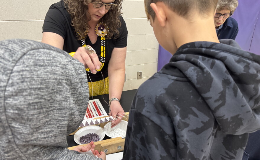 Wyandotte Nation cultural preservation officer Kim Garcia taught students about wampum belts and beading.