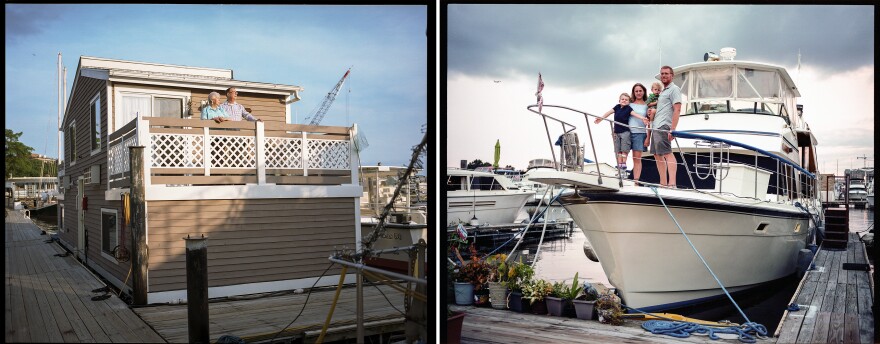 Left: Susan and Joe Carpenter, on Timothy B, moved to Gangplank in 1998. Right: Laura and John McLaughlin with their children, Malakai and Kaden, aboard Panacea. They moved to Gangplank in 2007.