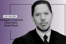 A man in judicial robes is shown next to text reading, “Election 2026: Michigan’s Supreme Court Race: Noah Hood” on a gradient background.