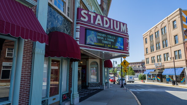 The Stadium Theatre in downtown Woonsocket was opened in 1926. Today, it hosts concerts, musicals and other productions. Credit: Rose Wheeler/Ocean State Media