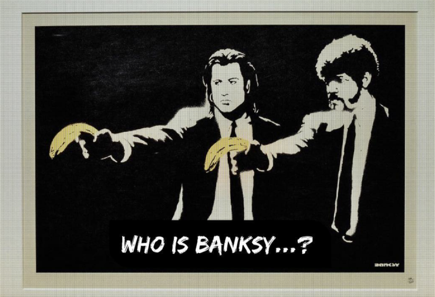 A photo of the "Who is Banksy...?" art piece at "The Art of Banksy" exhibit in Magic City Studios.  