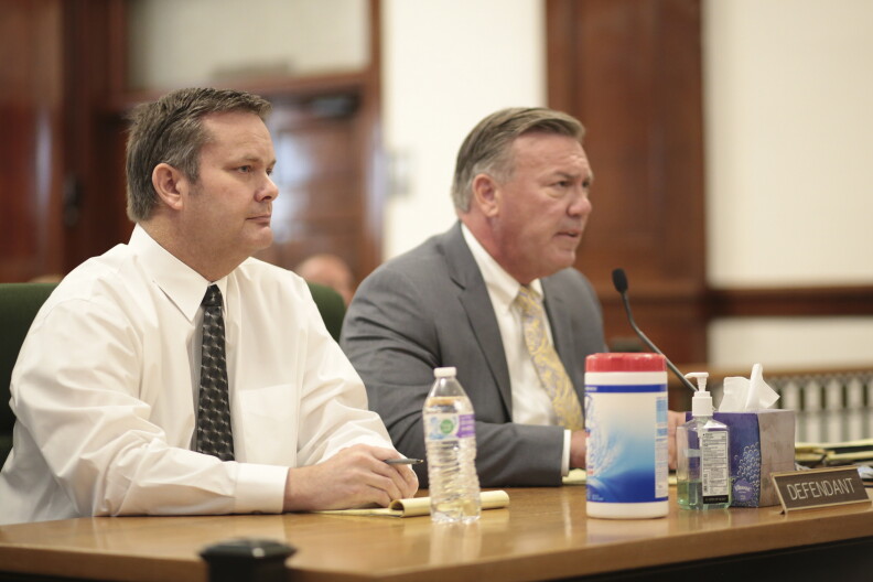 Chad Daybell, left, sits with his defense attorney John Prior during his preliminary hearing in St. Anthony, Idaho, on Tuesday, August 4, 2020.