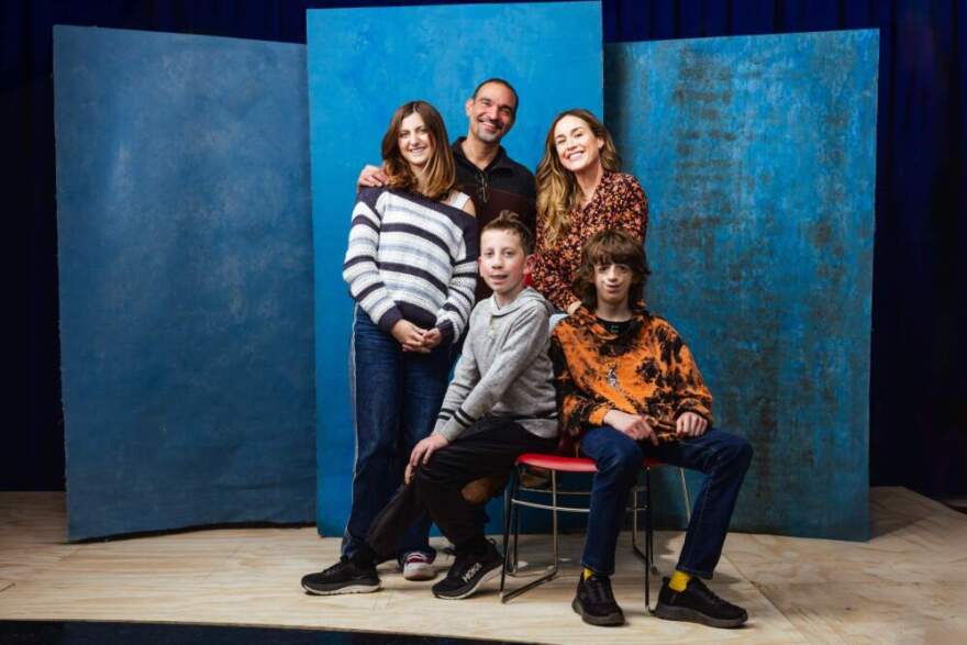 Front row: Max Voehl and Garrett McNally both portray Auggie Pullman. Back row: Kaylin Hedges, Javier Muñoz and Alison Luff play the other members of the Pullman family in A.R.T.'s world-premiere production of "Wonder." (Courtesy Nile Scott Studios)