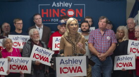 Republican U.S. Senate candidate Ashley Hinson at a press conference in Des Moines on Sept. 25, 2026 where she called for the war in Iran to end immediately.