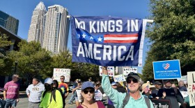 Protesters filled First Ward Park in uptown Charlotte on Saturday, Oct. 18, 2025 for the city's second "No Kings Day" protest.