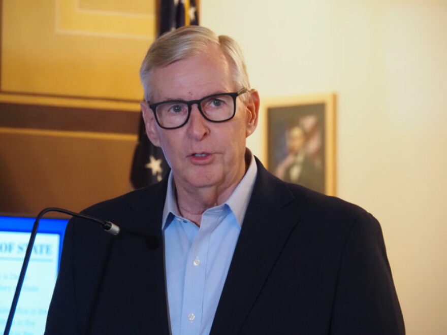 Secretary of state candidate Greg Ballard speaks Aug. 25, 2026, at the Indiana Statehouse.