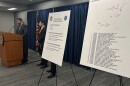 Information is displayed during a news conference to announce charges against 20 people including 15 former college basketball players, in what prosecutors called a betting scheme to rig NCAA and Chinese Basketball Association games, Thursday, Jan. 15, 2026 in Philadelphia.