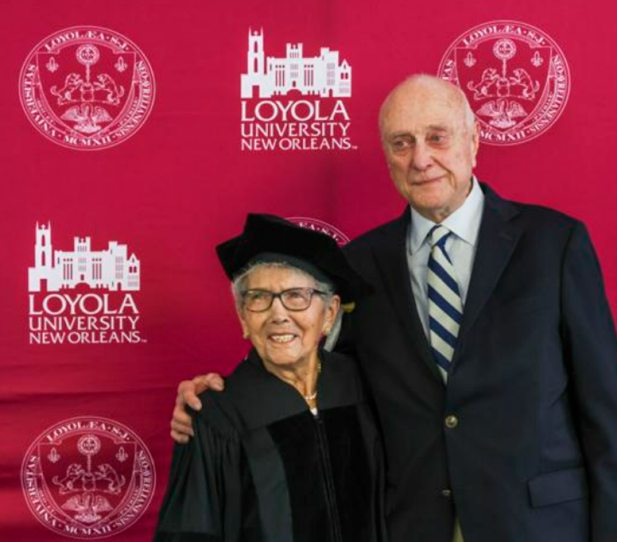 Anne Levy, one of the Holocaust survivors who confronted neo-Nazi George Rockwell in 1961, poses with historian and author of her biography Lawrence Powell, while receiving an honorary degree at Loyola University in New Orleans, Friday, Aug. 12, 2022.