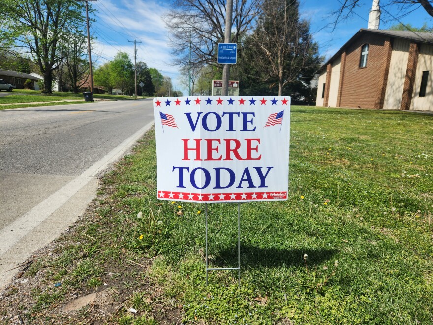 A Vote Here Today sign in Springfield, Mo. on April 7, 2026.