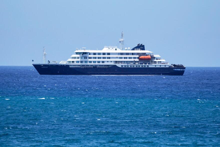 The MV Hondius cruise ship is anchored at a port in Praia, Cape Verde, Monday, May 4, 2026. (AP Photo/Arilson Almeida)