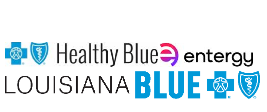 Logos of Louisiana Blue, Entergy Louisiana and Healthy Blue Louisiana displayed side by side, representing partner organizations supporting a statewide hunger relief campaign.