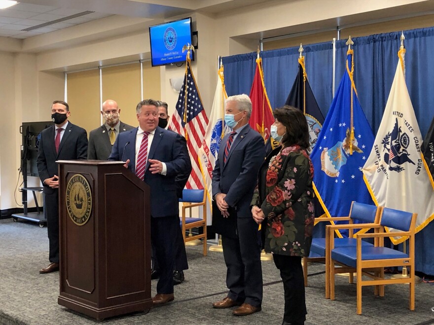 Albany County Executive Dan McCoy was joined by Suffolk County Executive Steve Bellone, a fellow Democrat, to announce a new shared services partnership to procure electric vehicles together. 