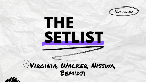 "The Setlist" and "Virginia, Walker, Nisswa, Bemidji" written over a crumpled paper background.