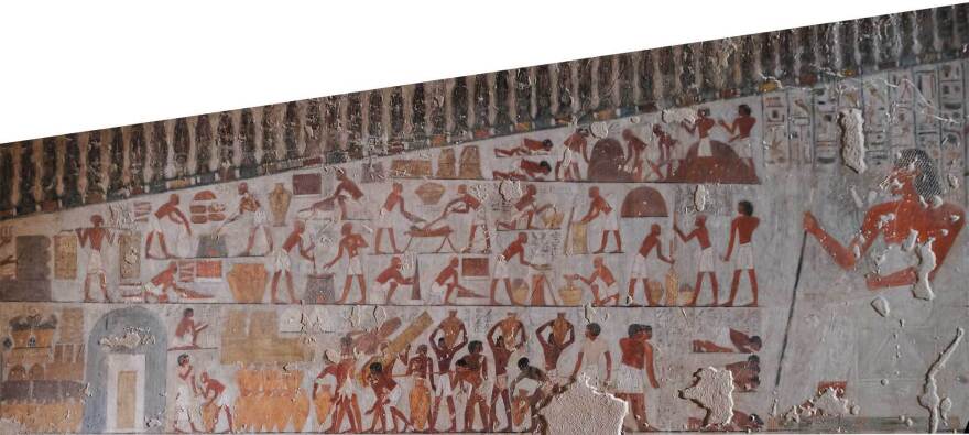 On this wall painting in the tomb of Vizier Rekhmire, a high-ranking ancient Egyptian official from the 15th century B.C., the first two rows show peasants measuring and preparing tiger nuts.