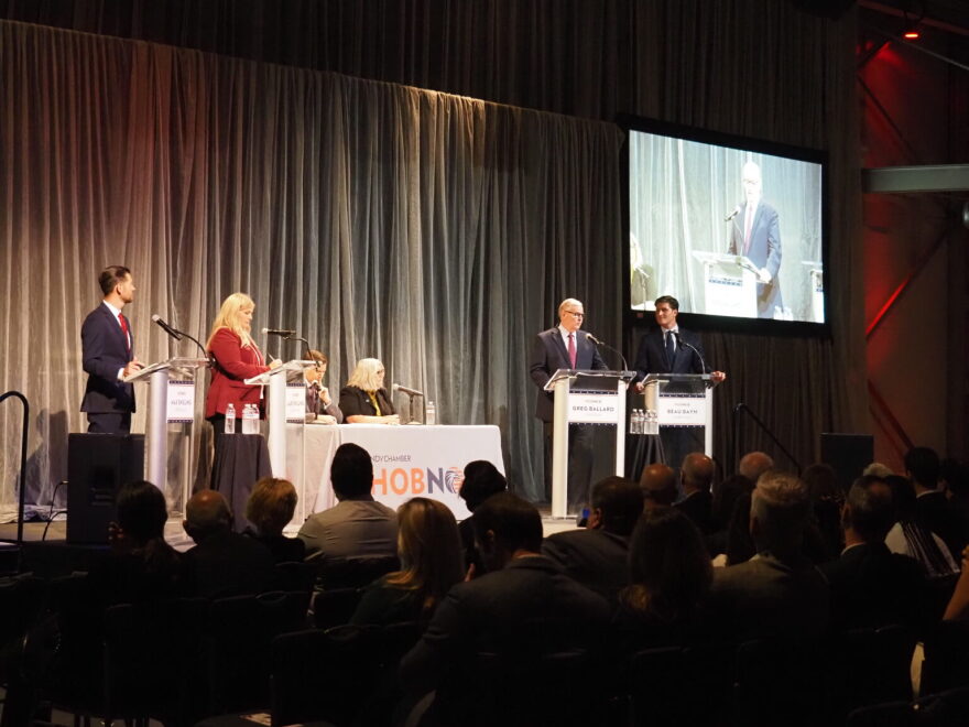 Four candidates for Indiana Secretary of State squared off on Aug; 26, 2026 in downtown Indianapolis. From left to right, Max Engling, Lauri Shillings, moderators Dan Spehler and Lesley Weidenbener, Greg Ballard and Beau Bayh.