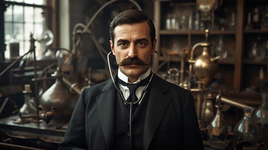 A man dressed in a dark suit from the 19th century wears a stethoscope and stands in front of a chemistry labe