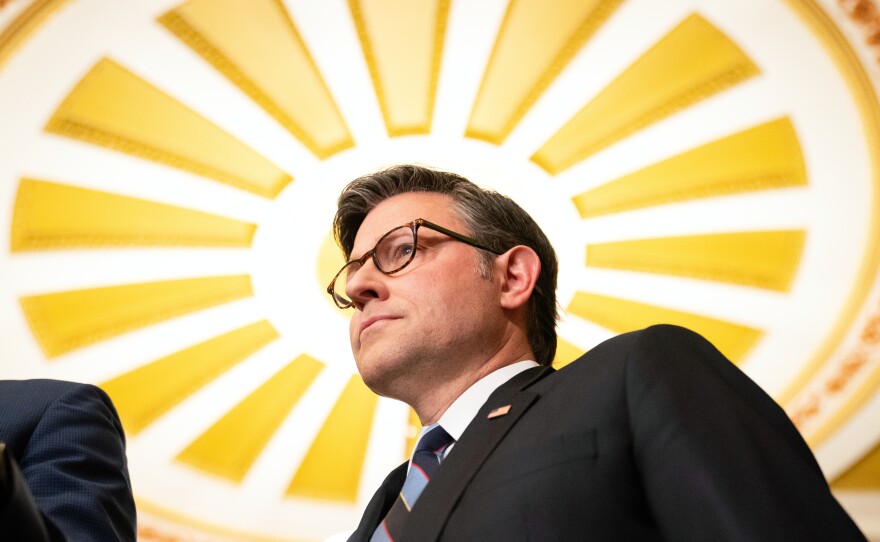 House Speaker Mike Johnson, R-La., speaks to reporters following the weekly Senate policy luncheon that he attended on Capitol Hill in Washington, Tuesday, Oct. 7, 2025. (AP Photo/Allison Robbert)