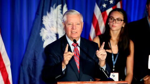 FILE - Republican U.S. Sen. Lindsey Graham speaks after winning the Republican primary on June 9, 2026, in Columbia, S.C. (AP Photo/Jeffrey Collins, File)