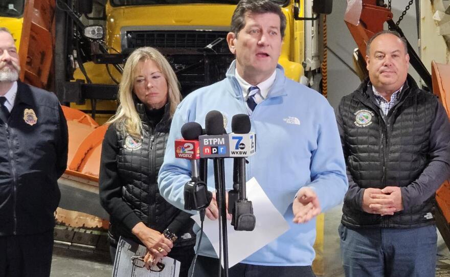 Erie County Executive Mark Poloncarz delivers remarks during a briefing on winter storm preparations at a county facility in Lancaster, Wednesday Nov. 26