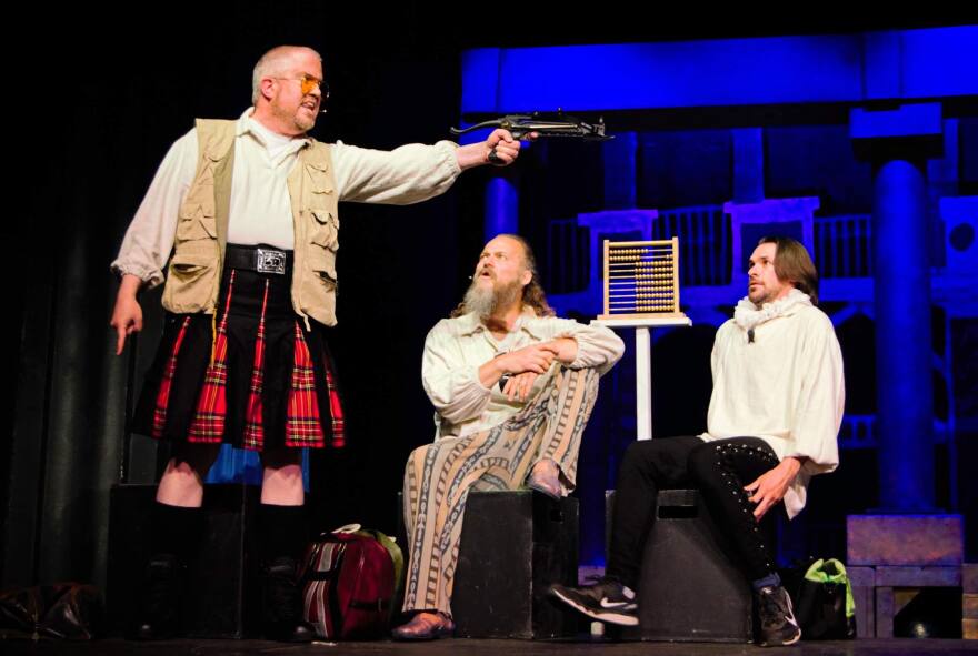 Hoyday, what's this? A tense moment between Sir Walter IV (Tim Novotny), the Dude (Michael Pedder), and Donny (Taylar Marchant) at the lanes, I fear.