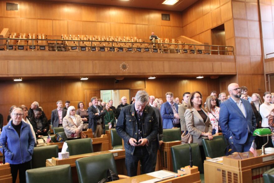 The crowd listens to Secretary of State Tobias Read’s closing remarks marking the end of the filing period for the 2026 legislative races.