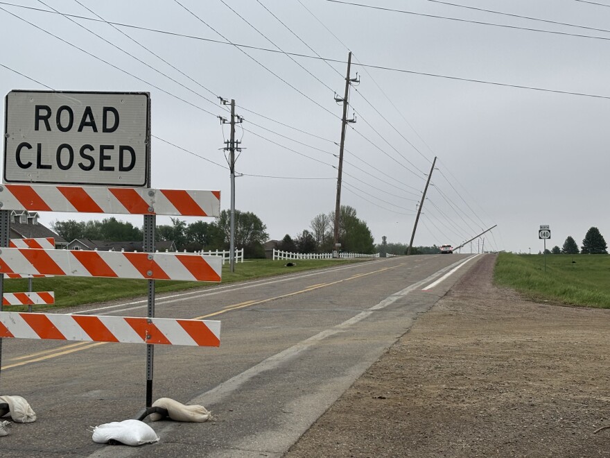 Iowa Highway 140 between Moville and Kingsley Iowa is closed as a crew addresses an electrical pole leaning towards the highway (Bret Hayworth, Siouxland Public Media News)