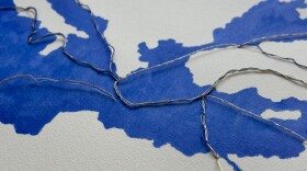 Fernanda Froes, “Lapis Lazuli: Rotas,” 2026. Tempera of ultramarine pigment on paper, with gold threads and threads dyed with ultramarine pigment. 23 x 16 in each, in “Re.Imagination” at Miami’s Fundación Pablo Atchugarry.