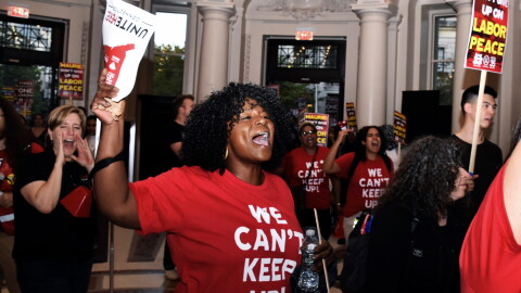 Yale's clerical and technical workers on a rally in Bienecke Plaza October 15, 2026 in New Haven, Connecticut ahead of contract resettlement.