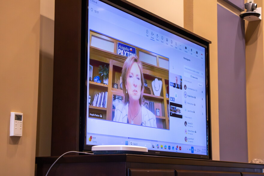 Texas Republican Sen. Angela Paxton testifies virtually at an interim study exploring the Strong Families Tax Credit on Oct. 12 at the Oklahoma State Capitol.