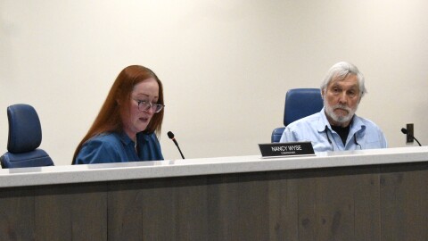 Benton County Commissioners Nancy Wyse (left) and Pat Malone (right) at a hearing Nov. 4, 2025.