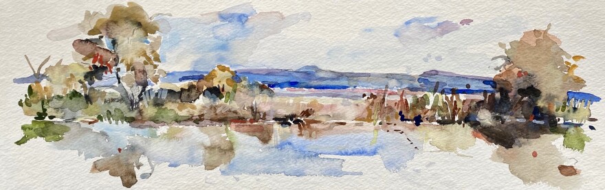 Bets Cole AUTUMN AT SUMMER LAKE Watercolor 6" x 18" unframed 26" x 21" framed