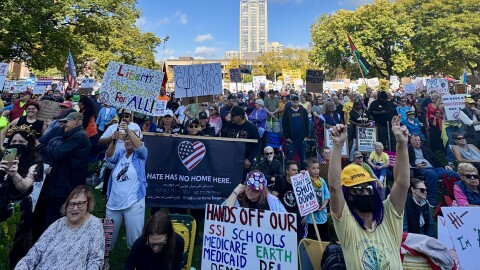 Protestors at Milwaukee's second 'No Kings' rally at Cathedral Square Park