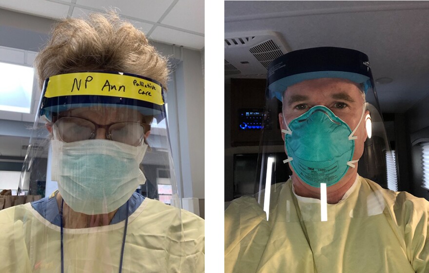 Two side-by-side photos of people in face masks, face shields and gowns.